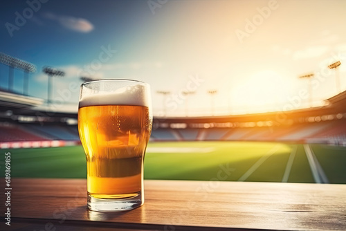 glass of beer on the table and stadium background