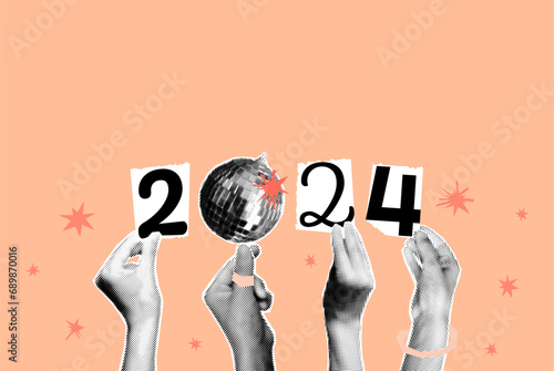 New year art collage banner with halftone hands holding disco ball and cut out numbers isolated on Peach Fuzz trendy background. Color of the year2024 . Modern retro vector illustration