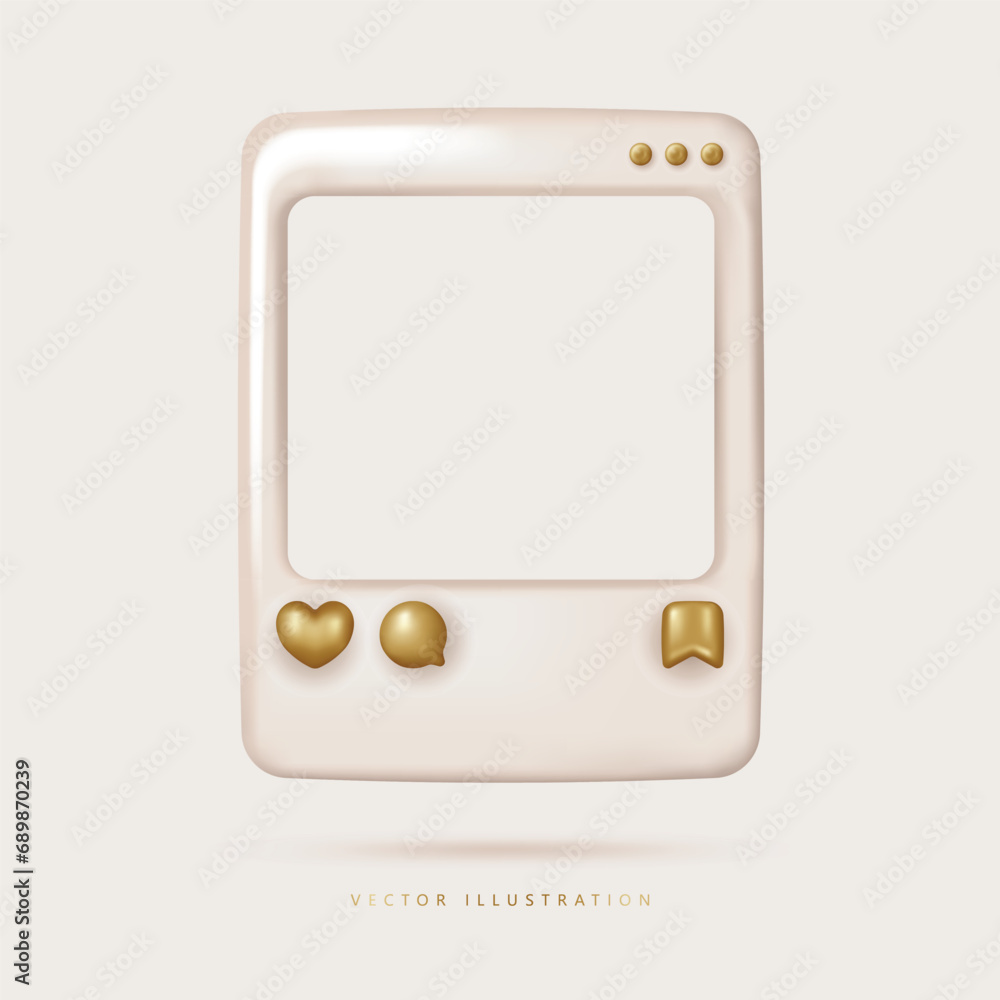 Social media photo frame with heart love button, sending messages, save icons. Vector illustration in a 3D style Social media photo frame with heart love button, sending messages, save icons. Vector illustration in a 3D style
