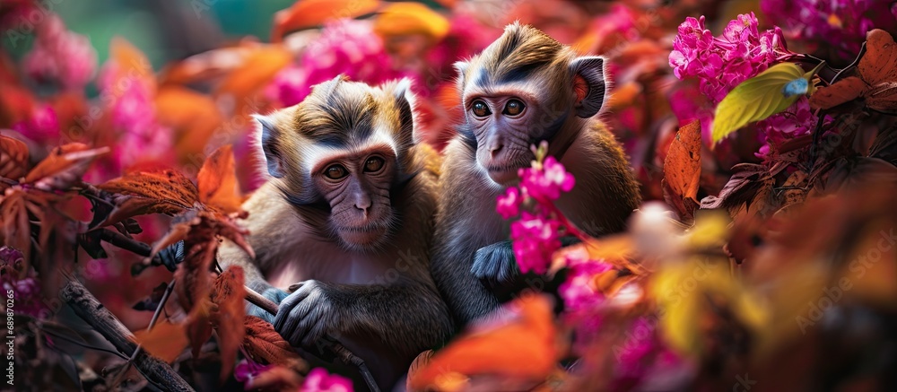 Autumn forest in Bali, October 2023, monkeys eating amidst vibrant hues.