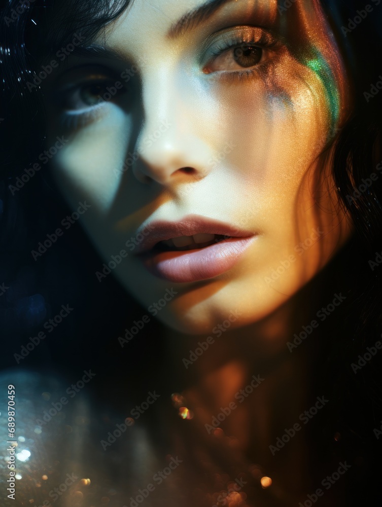 close up face portrait of a woman with light shining projections on the head, fashion glamour photo close up face portrait of a woman with light shining projections on the head, fashion glamour photo