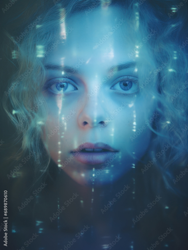 close up face portrait of a woman with light shining projections on the head, fashion glamour photo