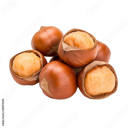 fresh organic hazelnut fruit cut in half sliced with leaves isolated on white background with clipping path