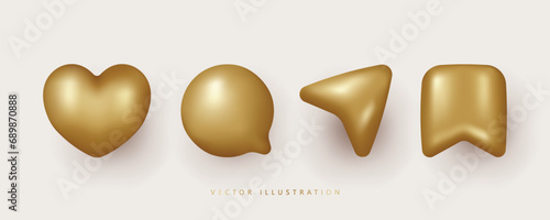 3d social media icon set. Love, comment, share and save. Gold apps buttons. 3D minimal vector illustration