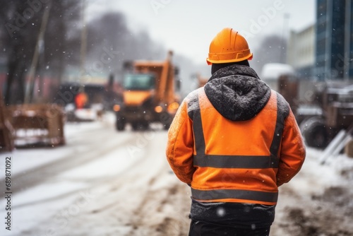 Chilled Construction Duty: Man Faces Snowfall in Safety Apparel