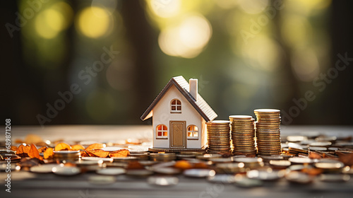 house model surrounded by money coins, conveying the idea of refinancing and investing in property Emphasize the strategic aspect of financial photo