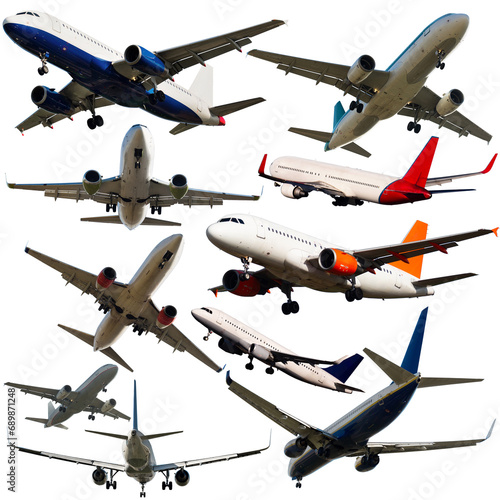 Collage of different modern airplanes on white background