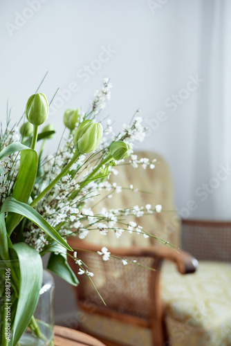 Close up of beautiful white tulips flowers, with copy space, minimalistic colors,