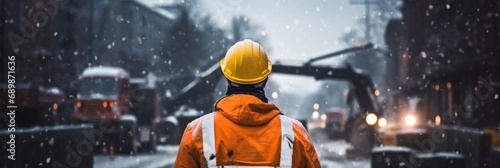 Cold Construction Day: Back View of Man in Hard Hat Amidst Snowfall