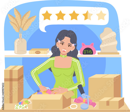 Product Review blogger concept. Young fashionista girl unpacking boxes on the desk and ranking three of five stars on camera in home studio background. Stock vector illustration in flat cartoon style.