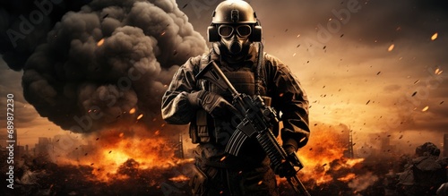 Image of a soldier with a gun surviving apocalyptic warfare and bombs.