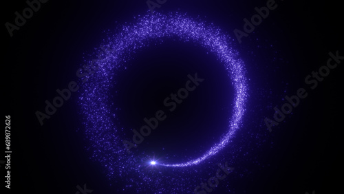 Bright flying sparks of particles, spinning in a circle, follow the flashing star.