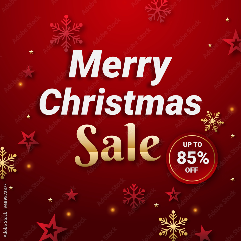 Merry Christmas Promotion Poster or banner with red and golden snowflake and red and golden star with Discount up to 85% off. Shopping or Christmas Promotion in red and black style.