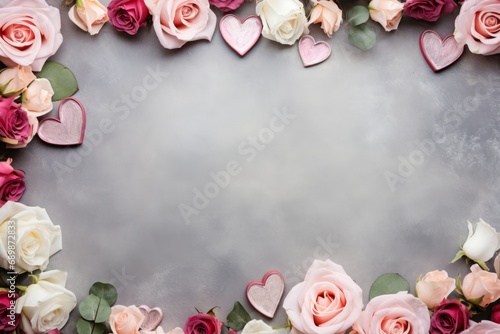 Top view pastel color hearts and roses on grey background, mother's, women's or Valentine's day concept.