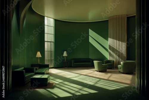 Art deco green living room, mid-century modern couch , fabric green chairs ,Midcentury Charm: 1950s Cylindrical Shape to Rectangular Wall