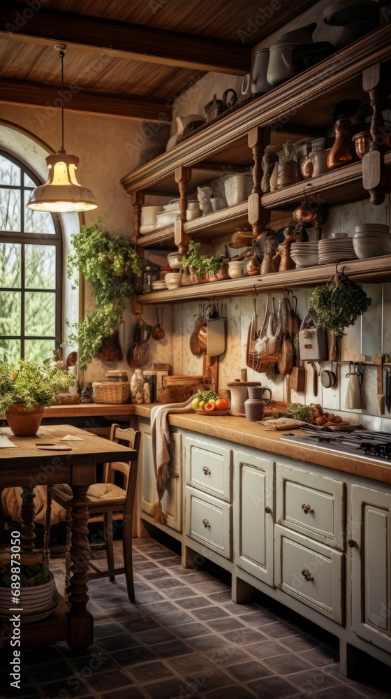Cozy farmhouse style kitchen interior, room filled with all sorts of appliances and details rustic kitchen Cozy farmhouse style kitchen interior, room filled with all sorts of appliances and details rustic kitchen