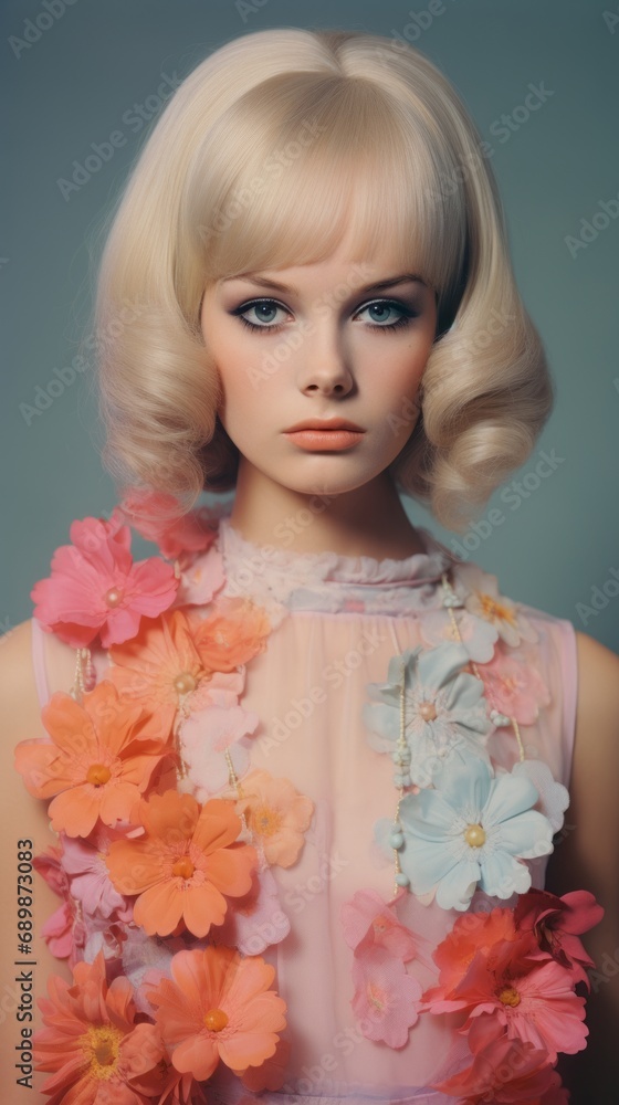 Naklejka premium Young girls in beautiful fashionable clothes, 50-60s style, fashion magazine cover, high fashion, retro outfit