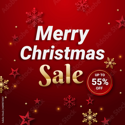 Merry Christmas Promotion Poster or banner with red and golden snowflake and red and golden star with Discount up to 55  off. Shopping or Christmas Promotion in red and black style.