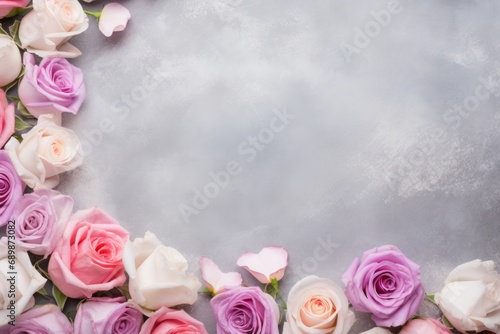 Top view pastel color hearts and roses on grey background  mother s  women s or Valentine s day concept.