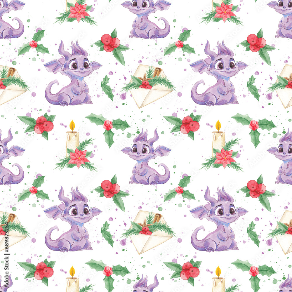 Fototapeta premium Painted watercolor New Year's pattern. Christmas. Christmas print. Tablecloth. The winter holidays. December 25th. Traditions. Seamless pattern. Watercolor. Candles Christmas mood. Greeting. Scrubbook