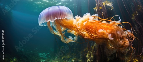 A large stinging jellyfish called Lion's mane (Cyanea capillata) swims near a Monterey kelp forest, its tentacles growing over 100 ft. photo