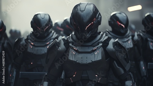  sci fi military armored cyborg army lined up, futuristic android, dark style, 16:9 photo