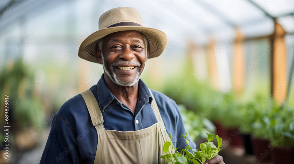 Happy senior old African American man wearing farmer clothes and a straw hat, standing in a glasshouse, holding a plant in a pot. Indoors garden full of natural herbs, organic growing and cultivation