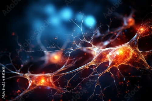 Neural networks of the human brain. 3D illustration of abstract nerve centers and cells. Electrical impulses in brain. Bright full color on dark blue background. photo