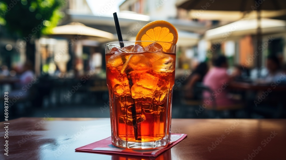 Generative AI, glass of Aperol Spritz on wooden table with blur background with lights of street bar, cafe or restaurant Generative AI, glass of Aperol Spritz on wooden table with blur background with lights of street bar, cafe or restaurant