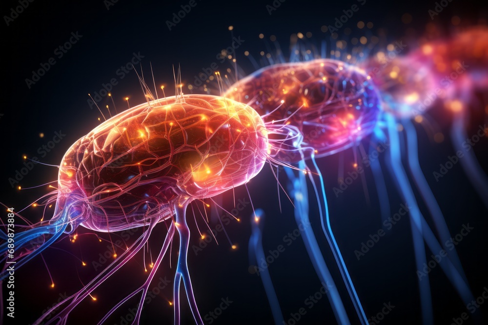3D illustration of colorful image human brain anatomy. Musculoskeletal tissue, nervous system, blood supply, neural connections. Mockup for publications on medical topics.