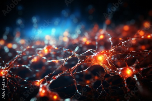 Neural networks of the human brain. 3D illustration of abstract nerve centers and cells. Electrical impulses in brain. Bright full color on dark blue background. #689873807