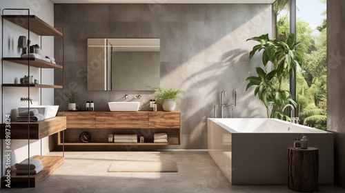 The interior of a modern minimalist bathroom in a luxurious cottage , apartment , house , villa . Bright walls, a 