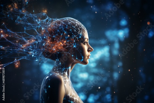 Fictional portrait of female humanoid robot with realistic beautiful face. Cyborg woman's head entangled in network of wires, sensors and electronic impulses. Artificial intelligence, science fiction.