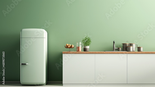 Fragment of modern minimalist kitchen with green wall and green retro refrigerator. Wooden countertop with sink and plain white facades, plant in a pot, kitchen utensils. Mockup.