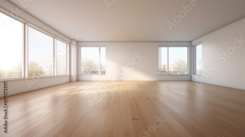 A large empty bright room with four panoramic windows overlooking the green garden. Large atmospheric living room. The living room is filled with sunlight. Minimalistic design