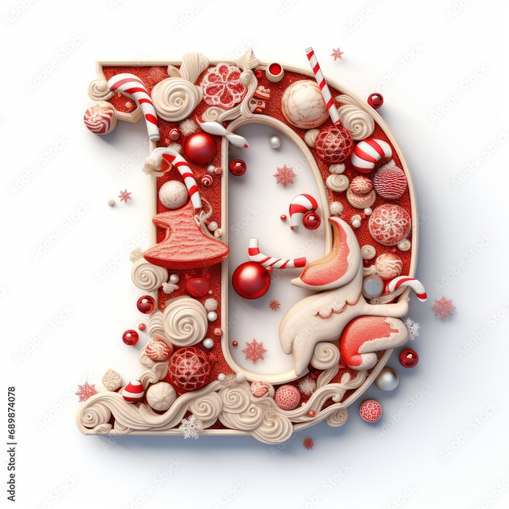 Volumetric capital letter D, decorated in a festive Christmas and New Year style. Christmas tree decorations, balls, pine cones, tinsel. Mockup for Christmas banner or background. Isolated on white.