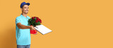 Male courier holding bouquet of flowers and clipboard on orange background with space for text