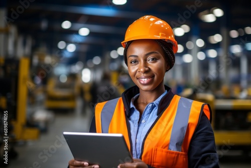 Portrait of a modern black female engineer in a hard hat, with a laptop programming equipment at an industrial enterprise. A working woman in a modern industrial enterprise. Copy space . photo