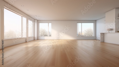 A large empty bright room with four panoramic windows overlooking the green garden. Large atmospheric living room. The living room is filled with sunlight. Minimalistic design photo