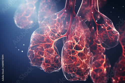 3D colorful illustration of human lungs on dark blue background. Human respiratory system anatomy, bronchia, pleura, trachea, blood vessels and veins. Mockup for publications on medical topics. photo