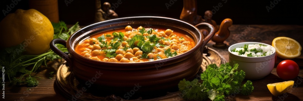 Delicious healthy bean soup, chickpea soup in a bowl with spices on a wooden background, rustic style, banner - obrazy, fototapety, plakaty 