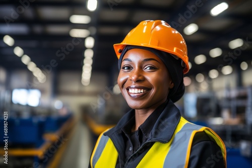 Portrait of a modern black female engineer in a hard hat, standing with her arms crossed over her chest and posing at an industrial enterprise. © Fat Bee