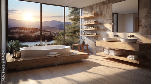 The interior of a modern minimalist bathroom in a luxurious cottage , apartment , house , villa .  © Fat Bee
