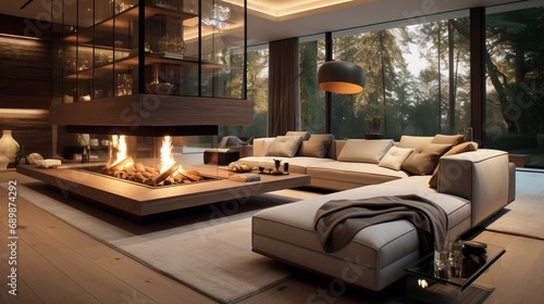 A panorama of a luxurious designer living room with a stylish light sofa, a large modern panoramic fireplace with a burning fire, a large full-length window with a wonderful view of the green trees. © Fat Bee