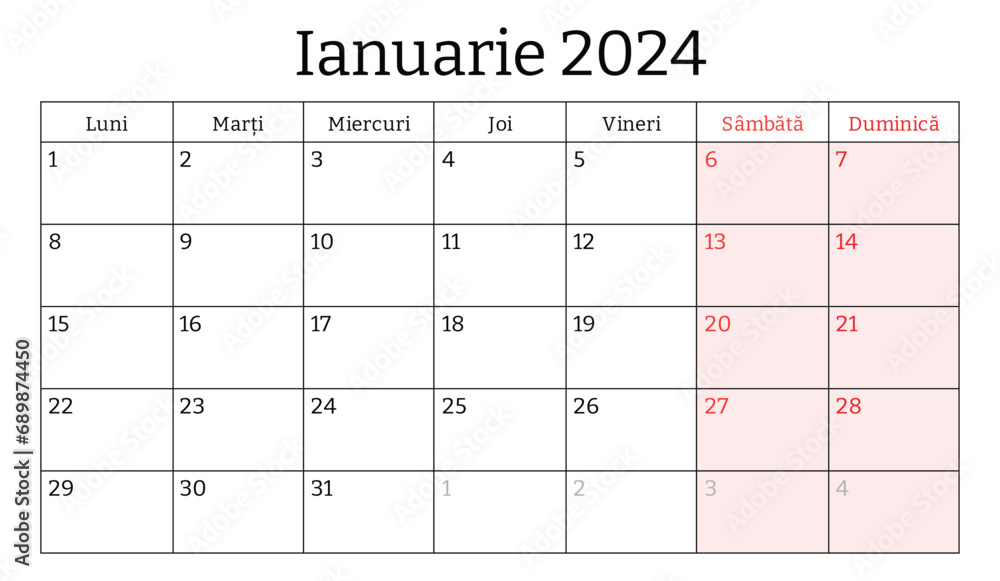 January 2024 romanian month calendar. Vector printable illustration. Monthly planning for business in Romania and Moldova January 2024 romanian month calendar. Vector printable illustration. Monthly planning for business in Romania and Moldova