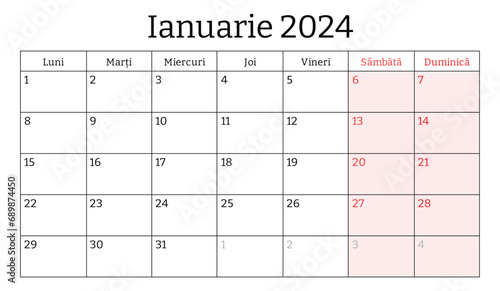 January 2024 romanian month calendar. Vector printable illustration. Monthly planning for business in Romania and Moldova