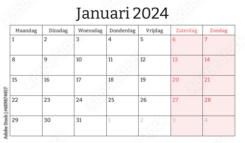 January 2024 dutch month calendar. Vector printable illustration. Monthly planning for business in Dutch