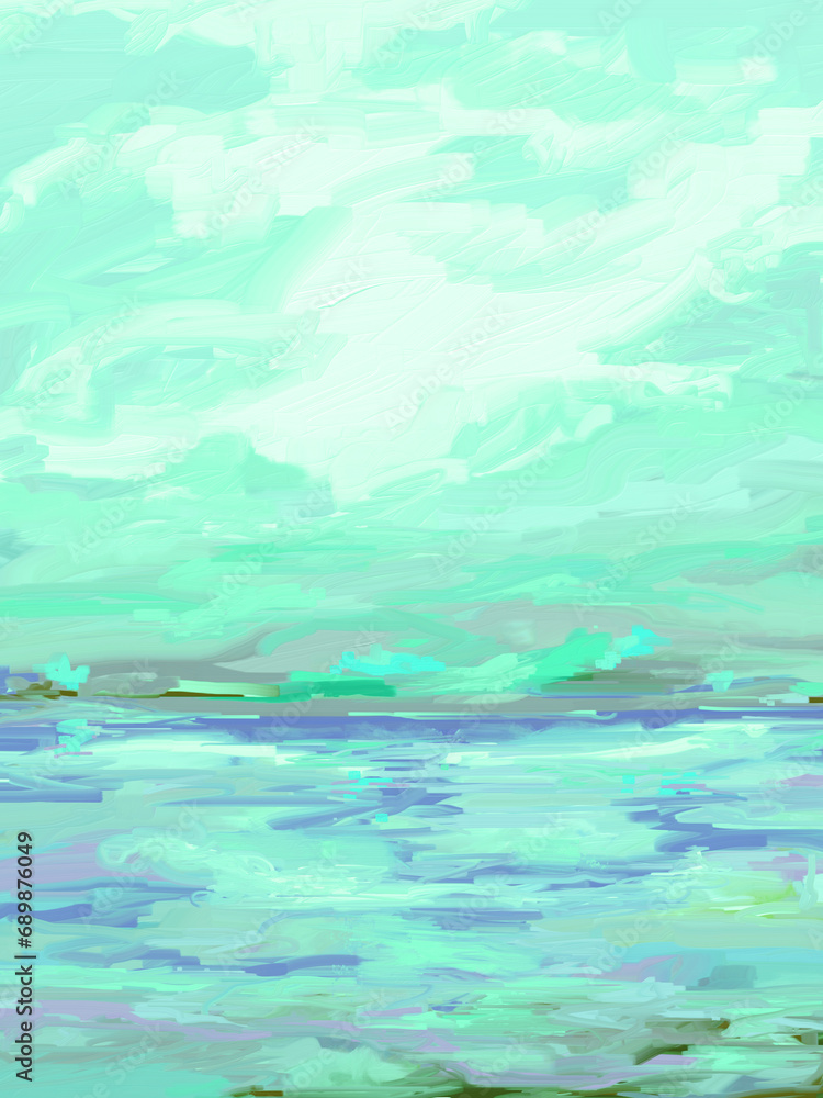 Peaceful & Calm Aqua & Other Pastel Colors Seascape or Landscape Digital Art, Painting, Artwork, Illustration or Design