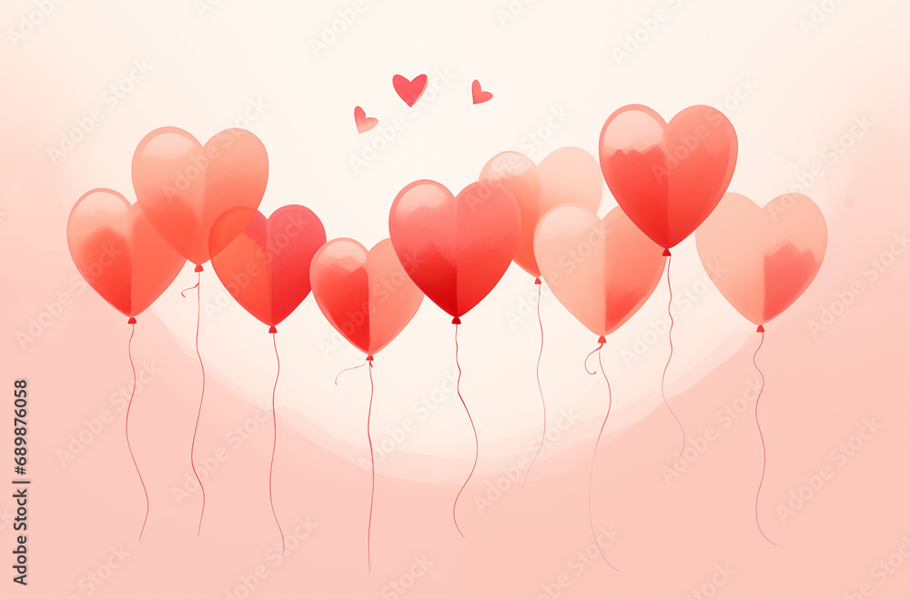 Background with festive soft pink balloons in the shape of hearts on pastel pink background. Valentine's Day. Copy space.