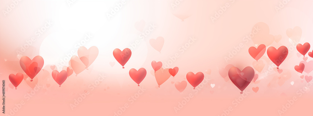Background with festive soft pink balloons in the shape of hearts on pastel pink background. Valentine's Day. Copy space.